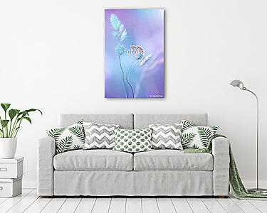 Beautiful light-blue butterfly on blade of grass on a soft lilac (vászonkép) - vászonkép, falikép otthonra és irodába