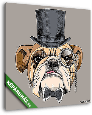 Bulldog portrait in a bowler hat, with a tie and with a monocle. - vászonkép 3D látványterv Bulldog portrait in a bowler hat, with a tie and with a monocle. - vászonkép 3D látványterv