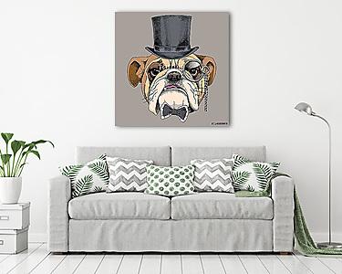 Bulldog portrait in a bowler hat, with a tie and with a monocle. (vászonkép) - vászonkép, falikép otthonra és irodába