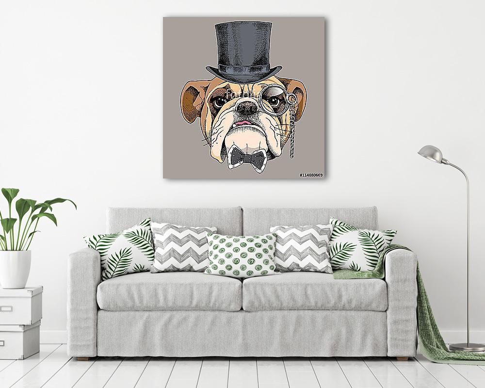 Bulldog portrait in a bowler hat, with a tie and with a monocle. - vászonkép, falikép vásárlás Bulldog portrait in a bowler hat, with a tie and with a monocle. (vászonkép) - vászonkép, falikép otthonra és irodába