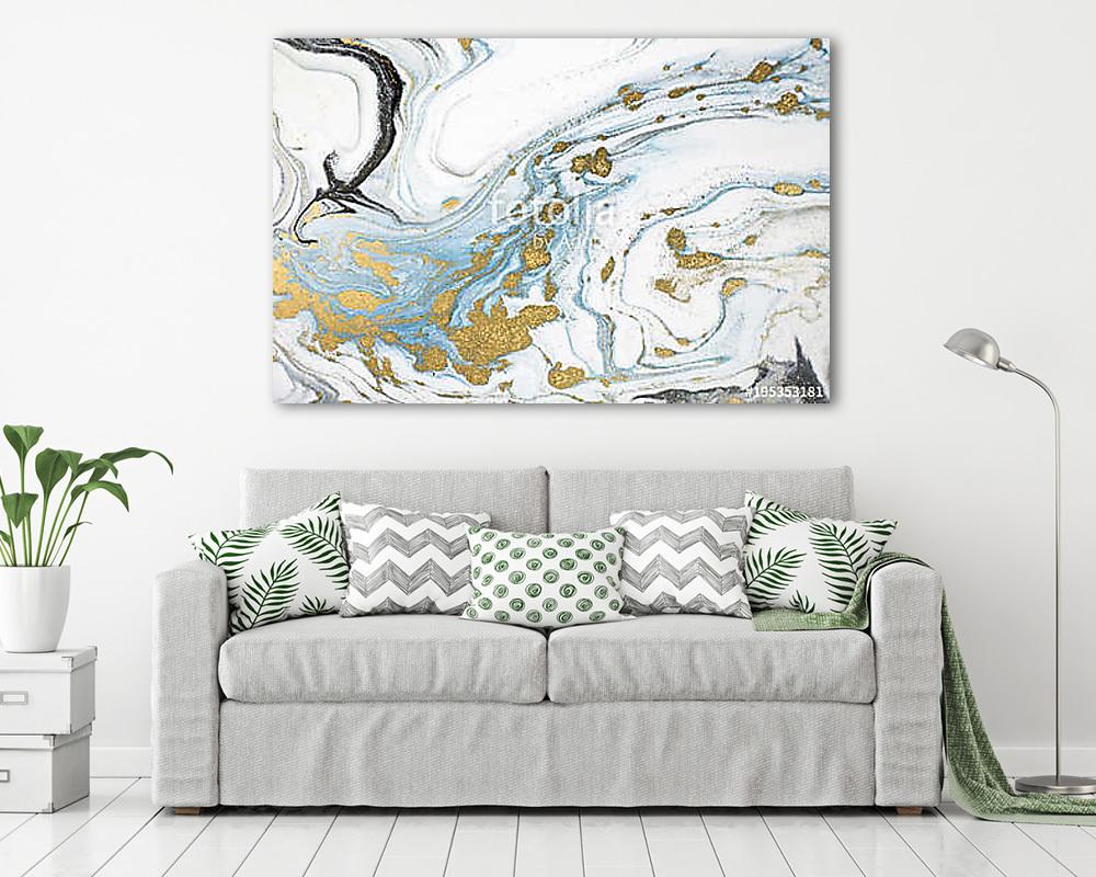 Marble abstract acrylic background. Nature marbling artwork texture. Golden glitter. (bögre) - vászonkép, falikép otthonra és irodába