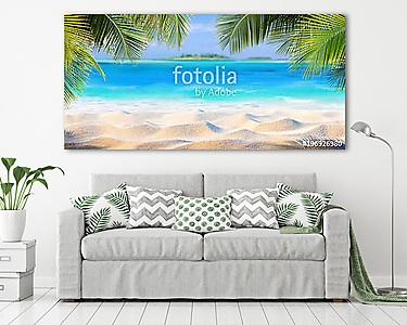Tropical Sand With Palm Leaves And Paradise Island 
 (vászonkép) - vászonkép, falikép otthonra és irodába