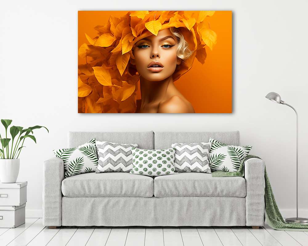 Gyönyörű női portré őszi levelekkel 1. - vászonkép, falikép vásárlás Gyönyörű női portré őszi levelekkel 1. (fotótapéta) - vászonkép, falikép otthonra és irodába