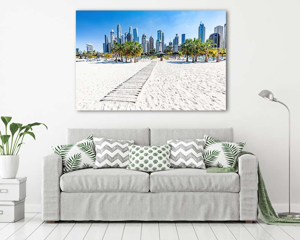 Dubai jumeirah tengerpart , felhőkarcolókkal a háttérben - vászonkép, falikép vásárlás Dubai jumeirah tengerpart , felhőkarcolókkal a háttérben (fotótapéta) - vászonkép, falikép otthonra és irodába