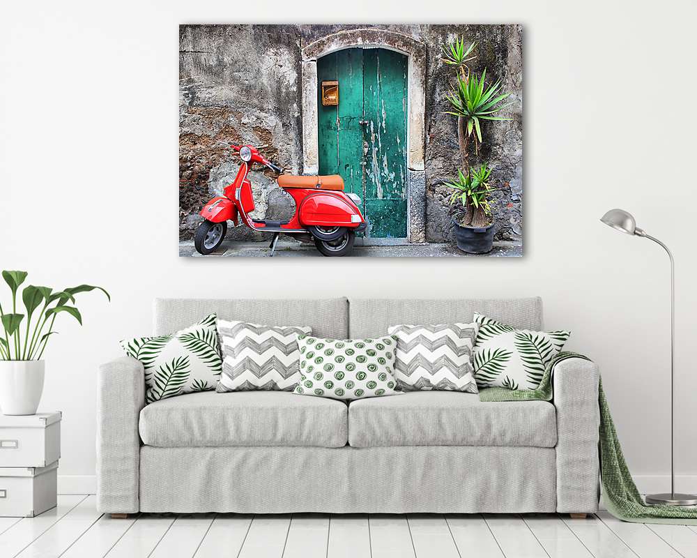 Mediterrán utcarészlet vörös robogóval - vászonkép, falikép vásárlás Mediterrán utcarészlet vörös robogóval (bögre) - vászonkép, falikép otthonra és irodába