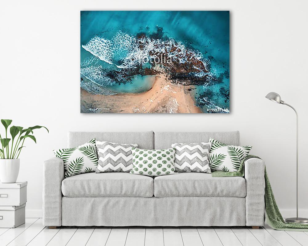 Aerial view of waves, rocks and transparent sea. Summer seascape - vászonkép, falikép vásárlás Aerial view of waves, rocks and transparent sea. Summer seascape (keretezett kép) - vászonkép, falikép otthonra és irodába