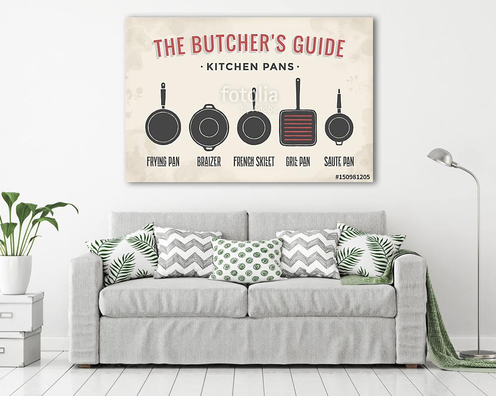 Set of kitchen pans. Poster Kitchenware - Pans, grill, pot. Vint - vászonkép, falikép vásárlás Set of kitchen pans. Poster Kitchenware - Pans, grill, pot. Vint (vászonkép) - vászonkép, falikép otthonra és irodába