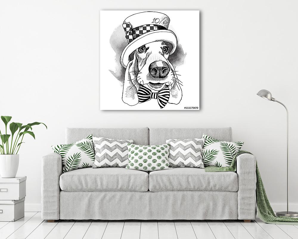 The image with the portrait of a dog in the Hatter hat and with  - vászonkép, falikép vásárlás The image with the portrait of a dog in the Hatter hat and with  (vászonkép) - vászonkép, falikép otthonra és irodába