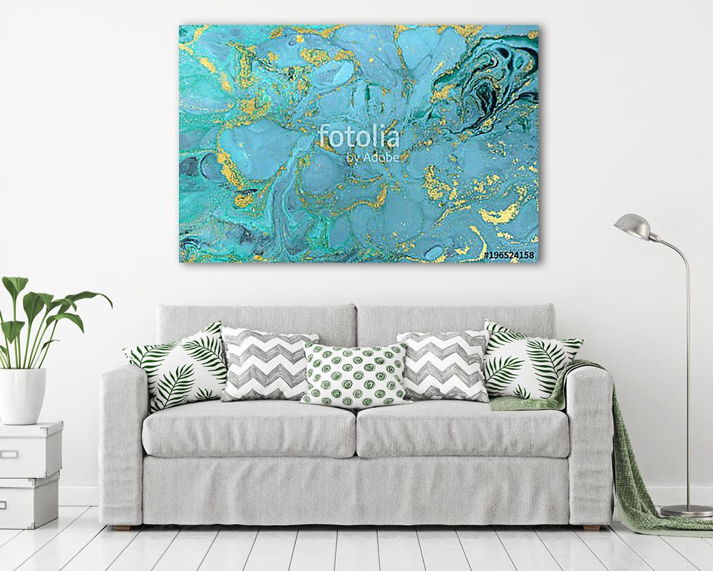 Marble abstract acrylic background. Nature blue marbling artwork texture. Golden glitter. (bögre) - vászonkép, falikép otthonra és irodába
