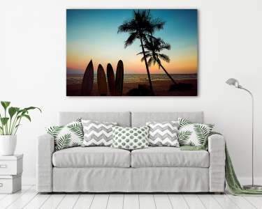 Silhouette surfboard on tropical beach at sunset in summer. Seascape of summer beach and palm tree at sunset. Vintage color tone (vászonkép) - vászonkép, falikép otthonra és irodába