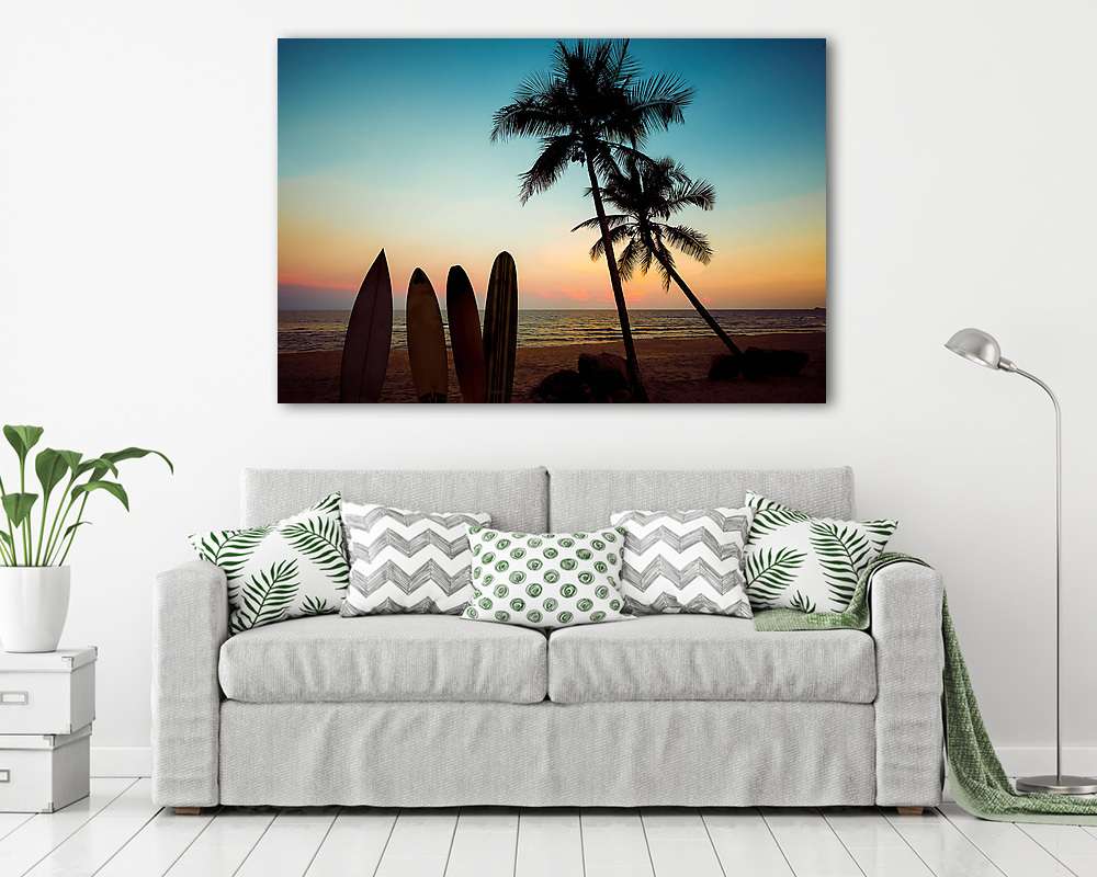 Silhouette surfboard on tropical beach at sunset in summer. Seascape of summer beach and palm tree at sunset. Vintage color tone - vászonkép, falikép vásárlás Silhouette surfboard on tropical beach at sunset in summer. Seascape of summer beach and palm tree at sunset. Vintage color tone (vászonkép) - vászonkép, falikép otthonra és irodába