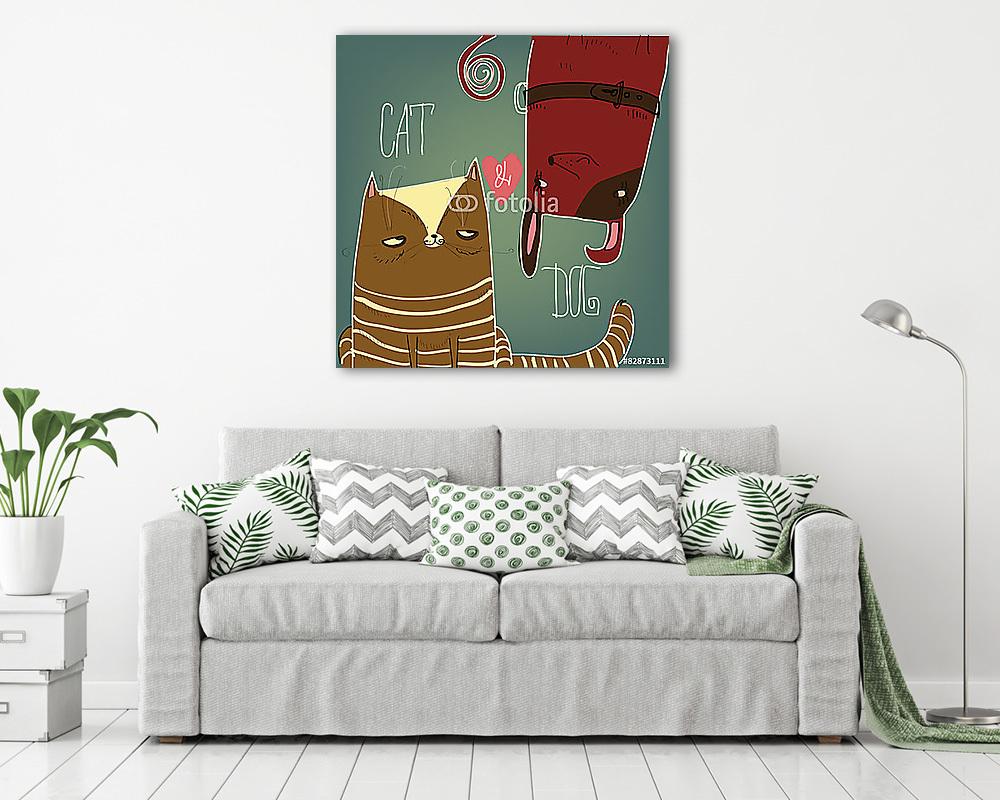 macska és kutya. (keretezett kép) - vászonkép, falikép otthonra és irodába