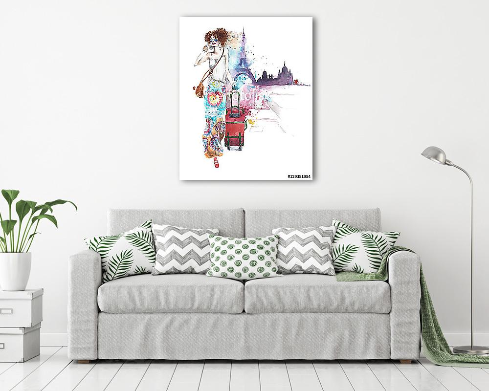 Lány nő fiatal hölgy fiatal nő nyaralni poggyász gerenda (vászonkép) - vászonkép, falikép otthonra és irodába