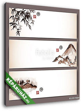 Három bannert bambusz, hegyek és sziget fákkal. Cont - vászonkép 3D látványterv