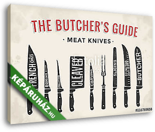 Meat cutting knives set. Poster Butcher diagram and scheme - Mea - vászonkép 3D látványterv