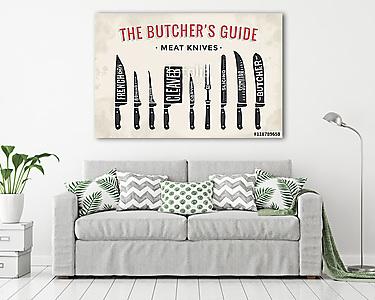 Meat cutting knives set. Poster Butcher diagram and scheme - Mea (vászonkép) - vászonkép, falikép otthonra és irodába