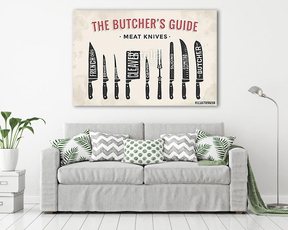 Meat cutting knives set. Poster Butcher diagram and scheme - Mea (vászonkép) - vászonkép, falikép otthonra és irodába