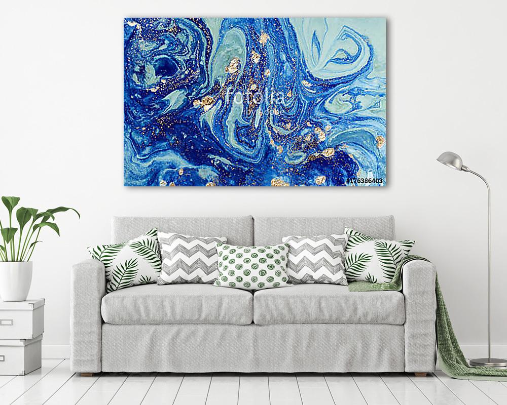 Marbled blue abstract background with golden sequins. Liquid marble ink pattern. (vászonkép) - vászonkép, falikép otthonra és irodába
