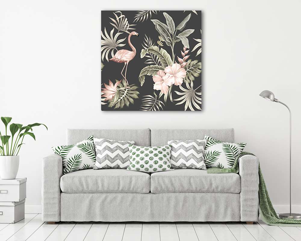 Rózsaszín flamingó és levelek tapétaminta fekete háttéren - vászonkép, falikép vásárlás Rózsaszín flamingó és levelek tapétaminta fekete háttéren (vászonkép) - vászonkép, falikép otthonra és irodába