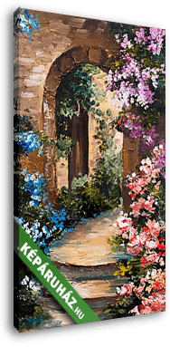 Mediterrán kapu virágokkal (festmény) - vászonkép 3D látványterv