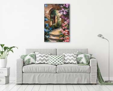 Mediterrán kapu virágokkal (festmény) (vászonkép) - vászonkép, falikép otthonra és irodába