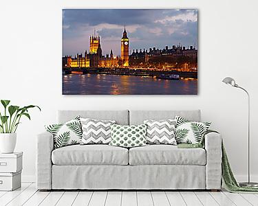 A londoni Parlament és a Big Ben esti diszkivilágításban - vászonkép, falikép otthonra és irodába