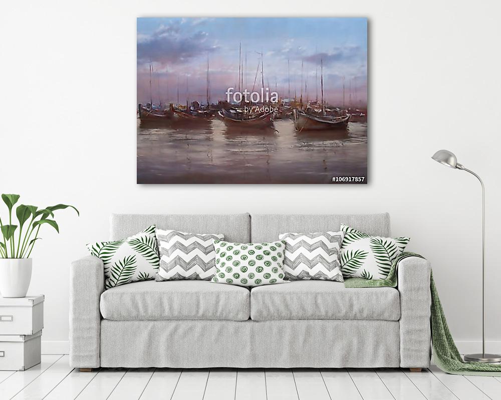 Kikötőben a hajók (olajfestmény reprodukció) - vászonkép, falikép vásárlás Kikötőben a hajók (olajfestmény reprodukció) (vászonkép) - vászonkép, falikép otthonra és irodába