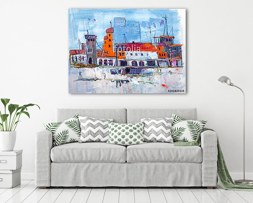 Absztrakt kikötő város épületek (olajfestmény reprodukció) - vászonkép, falikép vásárlás Absztrakt kikötő város épületek (olajfestmény reprodukció) (többrészes kép) - vászonkép, falikép otthonra és irodába