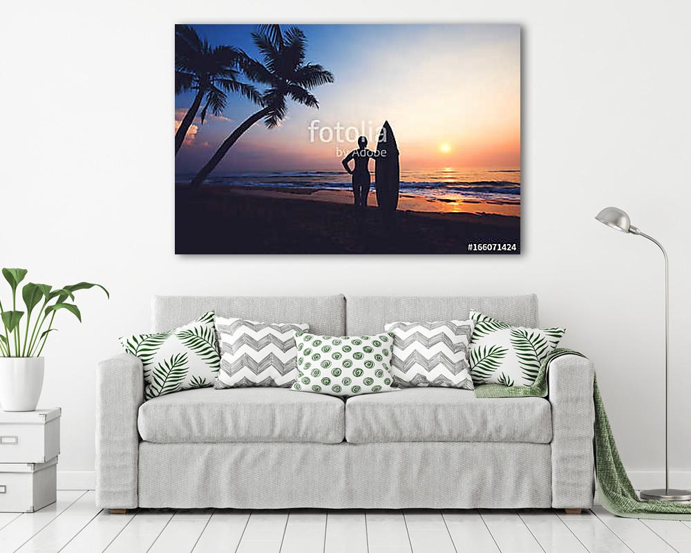 Silhouette women surfer on tropical beach at sunset. landscape of summer beach and palm tree at sunset. vintage color tone (vászonkép) - vászonkép, falikép otthonra és irodába