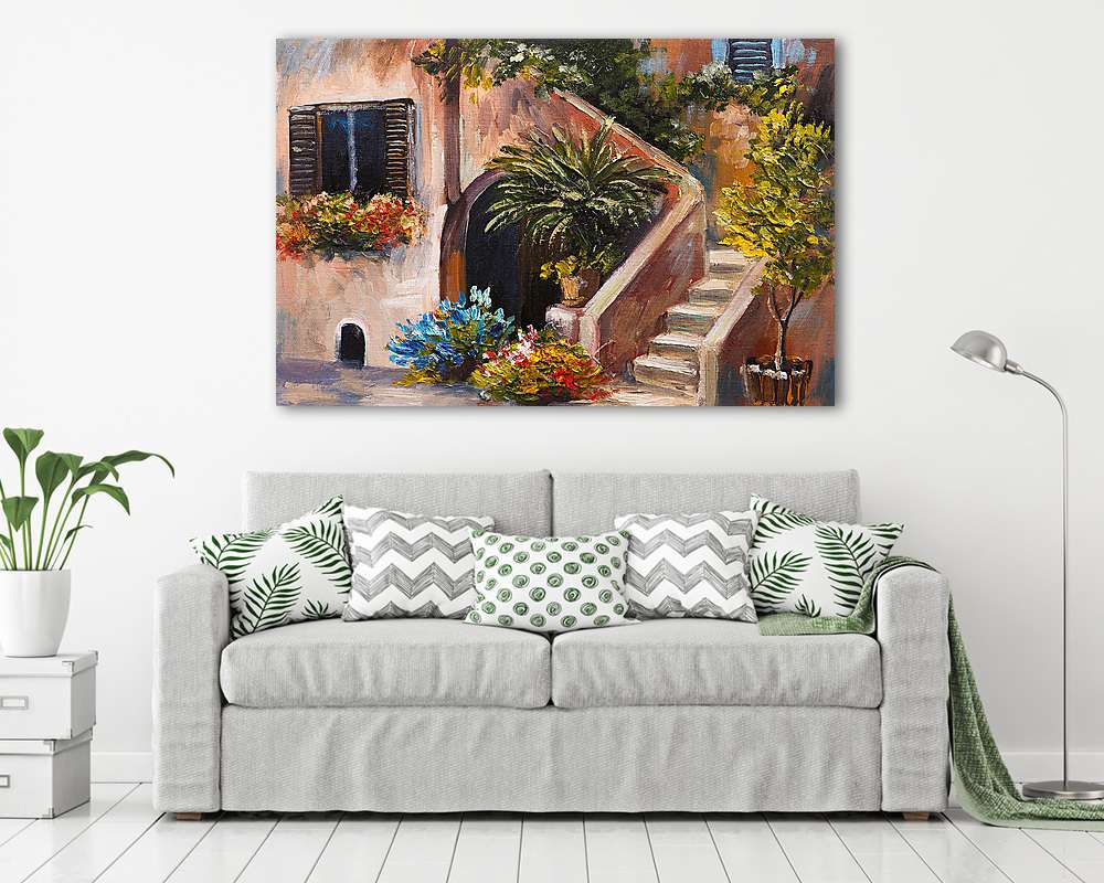 Nyári terasz virágokkal (olajfestmény reprodukció) - vászonkép, falikép vásárlás Nyári terasz virágokkal (olajfestmény reprodukció) (vászonkép) - vászonkép, falikép otthonra és irodába