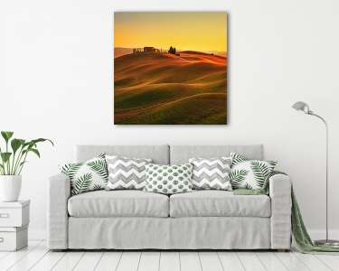 Toszkána, napnyugta vidéki táj. Gördülő dombok, vidéki gazdaságo (vászonkép) - vászonkép, falikép otthonra és irodába