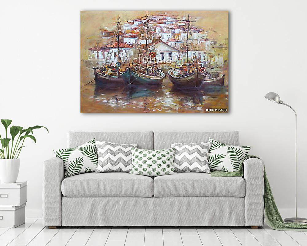 Csónakok a sziget kikötőjén, kézzel készített festészet (keretezett kép) - vászonkép, falikép otthonra és irodába