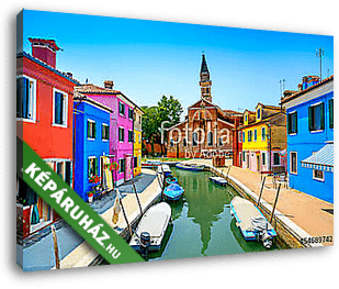 Velencei mérföldkő, Burano csatorna, házak, templom és csónakok, - vászonkép 3D látványterv
