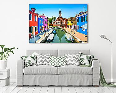 Velencei mérföldkő, Burano csatorna, házak, templom és csónakok, (vászonkép) - vászonkép, falikép otthonra és irodába