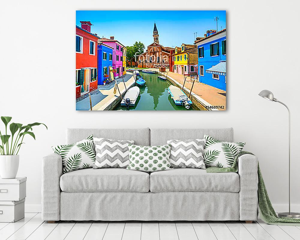 Velencei mérföldkő, Burano csatorna, házak, templom és csónakok, - vászonkép, falikép vásárlás Velencei mérföldkő, Burano csatorna, házak, templom és csónakok, (bögre) - vászonkép, falikép otthonra és irodába