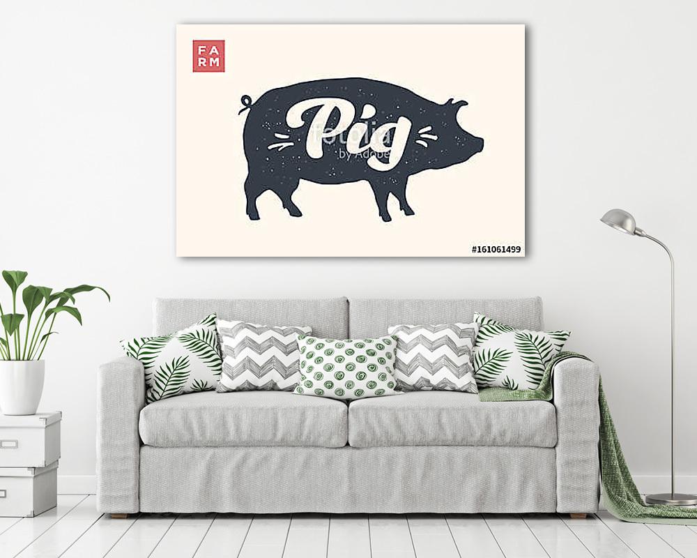 Farm animals set. Isolated pig silhouette and words Pig, Farm. C (bögre) - vászonkép, falikép otthonra és irodába