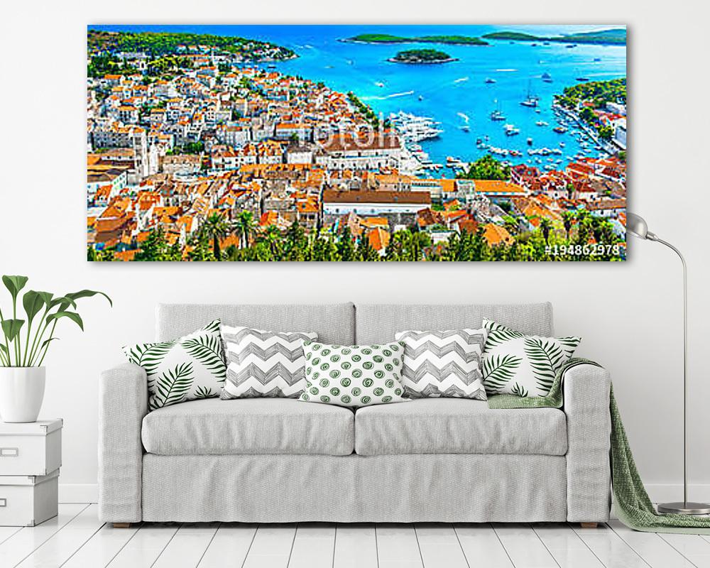 Hvar island panorama landscape. / Panorama of amazing coastal town Hvar in Croatia, popular mediterranean tourist resort in summ (vászonkép) - vászonkép, falikép otthonra és irodába