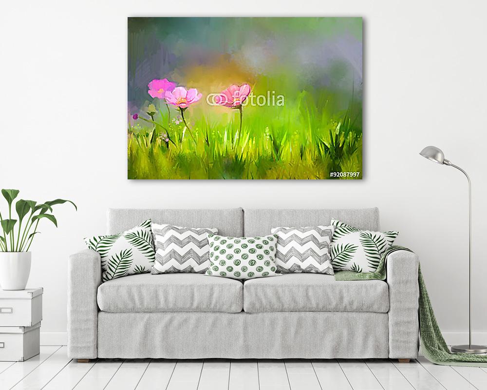 Az olajfestés fűvirágai. Kézi festés közelről rózsaszín cosm (bögre) - vászonkép, falikép otthonra és irodába