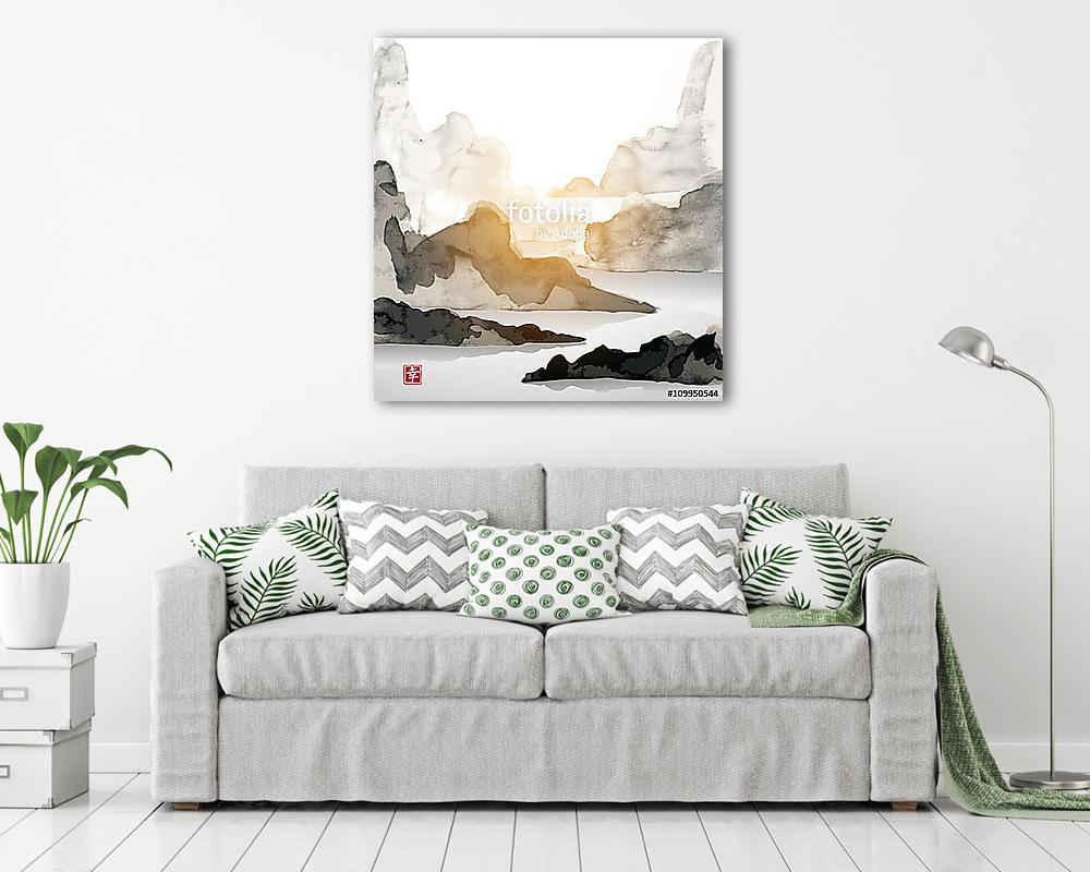 Tájkép hegyekkel és tengerrel. A hagyományos japán festékfesték (vászonkép) - vászonkép, falikép otthonra és irodába