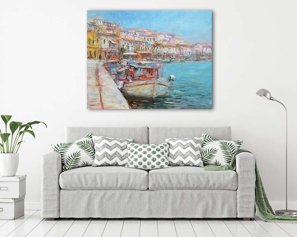 Csónakok a sziget kikötőjén, kézzel készített festészet - vászonkép, falikép vásárlás Csónakok a sziget kikötőjén, kézzel készített festészet (vászonkép) - vászonkép, falikép otthonra és irodába