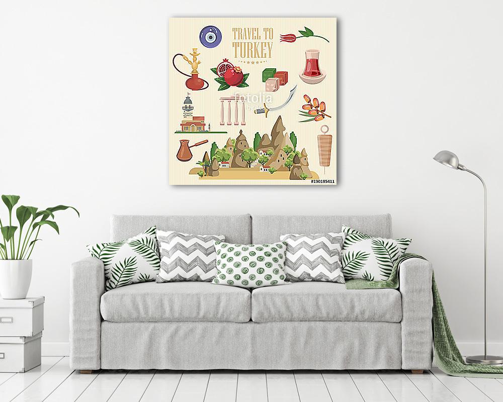 Törökország vektoros vakáció illusztráció turkiai tereptárgyakka (többrészes kép) - vászonkép, falikép otthonra és irodába