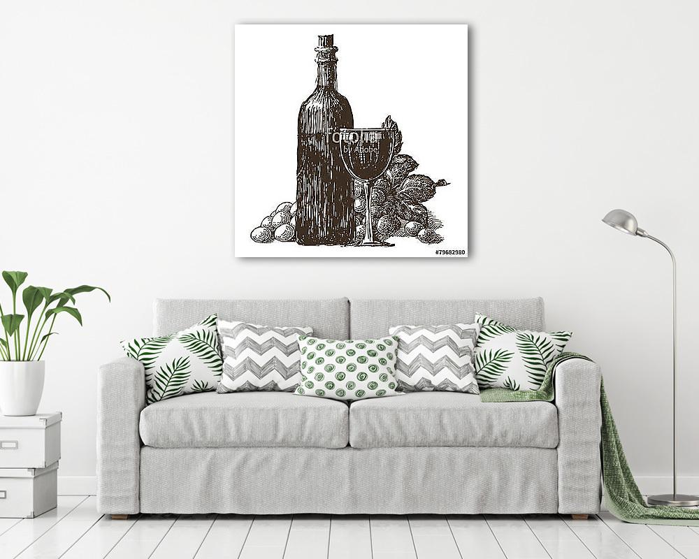 Boros üveg pohárral skicc fehér háttérrel - vászonkép, falikép vásárlás Boros üveg pohárral skicc fehér háttérrel (vászonkép) - vászonkép, falikép otthonra és irodába