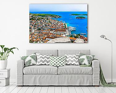 Hvar Mediterranean summer sea. / Aerial view at summer vivid colorful scenery in Croatia, Hvar town, famous luxury travel destin (vászonkép) - vászonkép, falikép otthonra és irodába