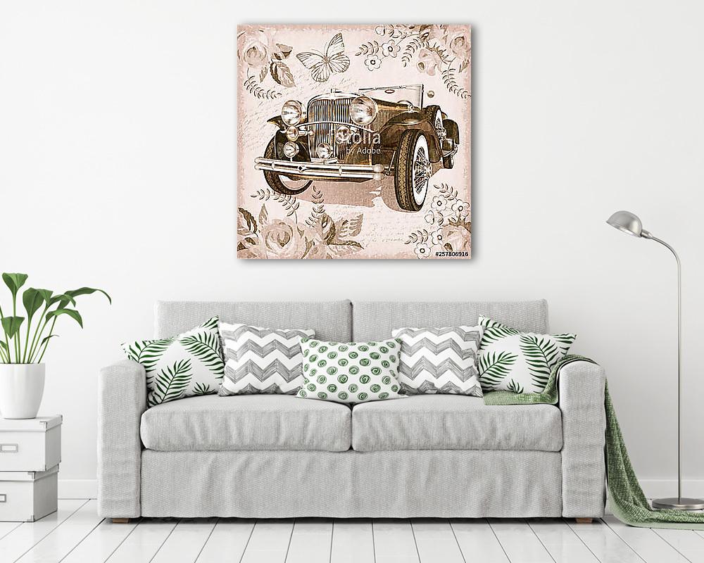 Vintage car postcard.	 - vászonkép, falikép vásárlás Vintage car postcard.	 (bögre) - vászonkép, falikép otthonra és irodába