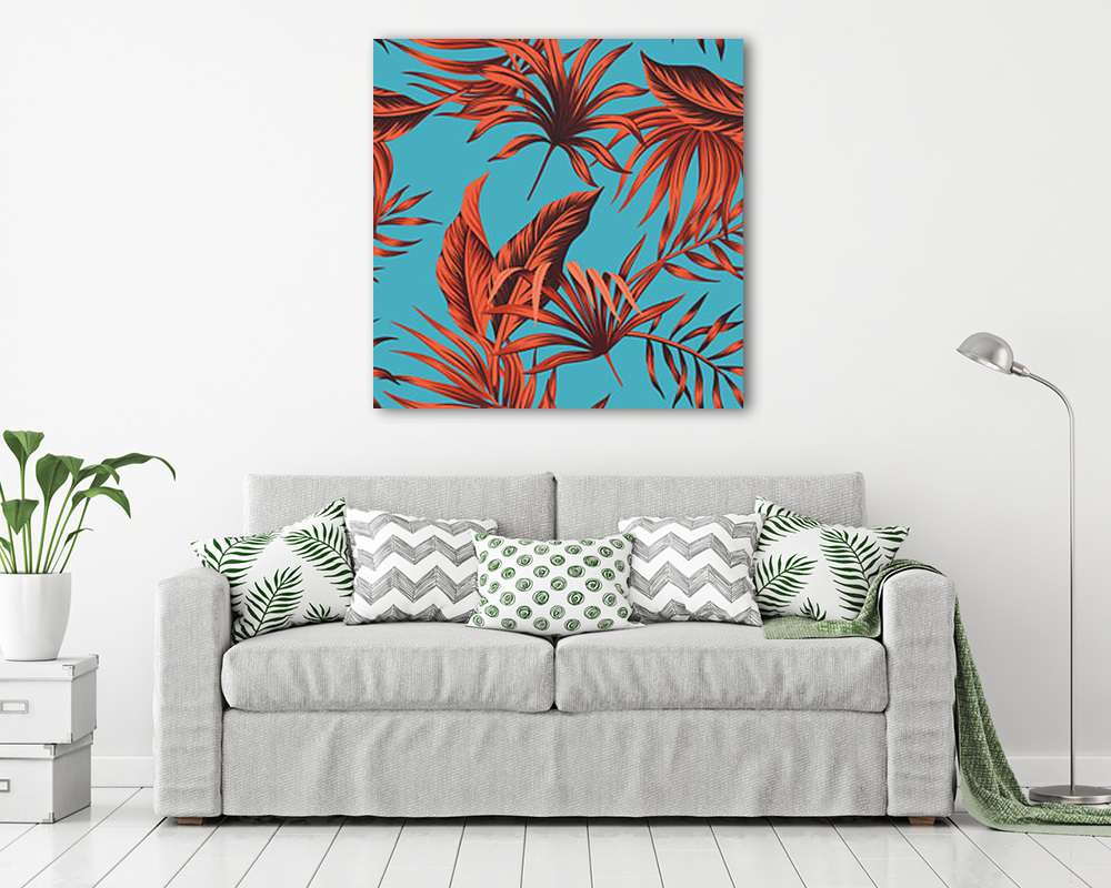Trópusi levelek pattern, kék háttéren - vászonkép, falikép vásárlás Trópusi levelek pattern, kék háttéren (vászonkép) - vászonkép, falikép otthonra és irodába