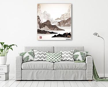 Tájkép a hegyekkel és a tengerrel. Hagyományos japán japán i (vászonkép) - vászonkép, falikép otthonra és irodába