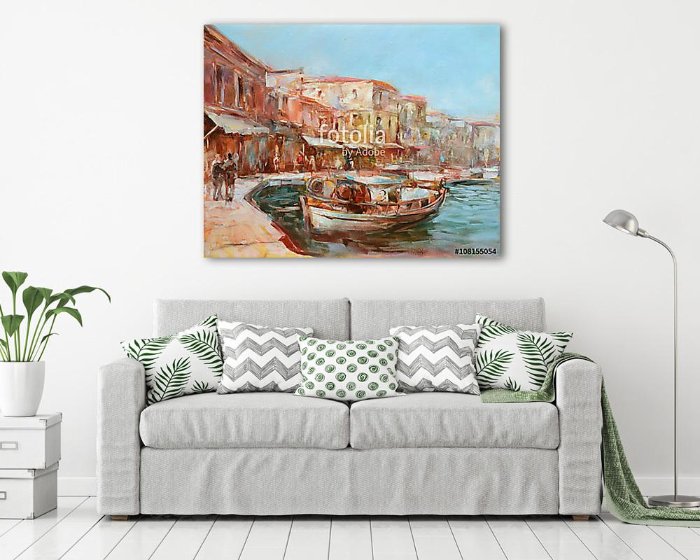 Csónakok a sziget kikötőjén, kézzel készített festészet - vászonkép, falikép vásárlás Csónakok a sziget kikötőjén, kézzel készített festészet (vászonkép) - vászonkép, falikép otthonra és irodába