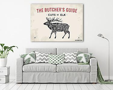 Cut of meat set. Poster Butcher diagram, scheme - Elk. Vintage t (vászonkép) - vászonkép, falikép otthonra és irodába