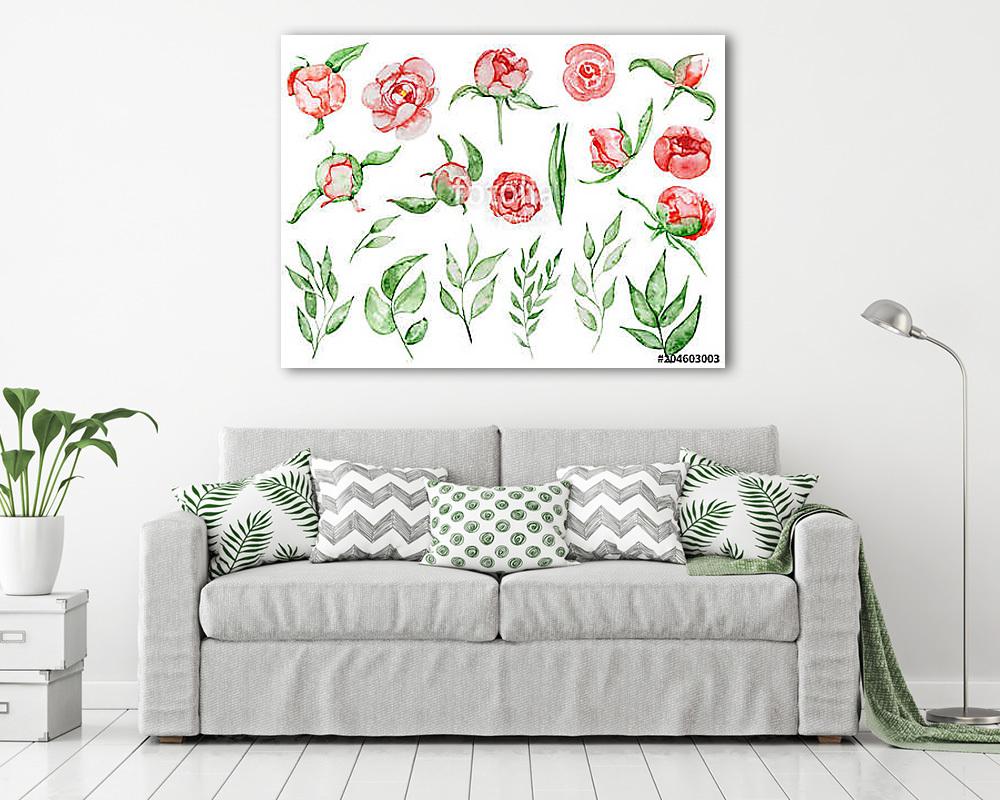 Watercolor red peonies flowers and leaves set Hand drawn illustr (vászonkép) - vászonkép, falikép otthonra és irodába