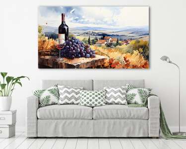 Szőlő borral és őszi tájképpel 2. (vizfesték effekt) (vászonkép) - vászonkép, falikép otthonra és irodába